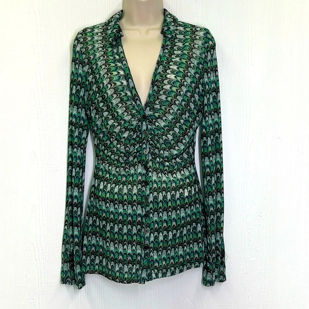 Free People - Green Fish Scale Button Down Ling Sleeve Sheer Blouse Size Small